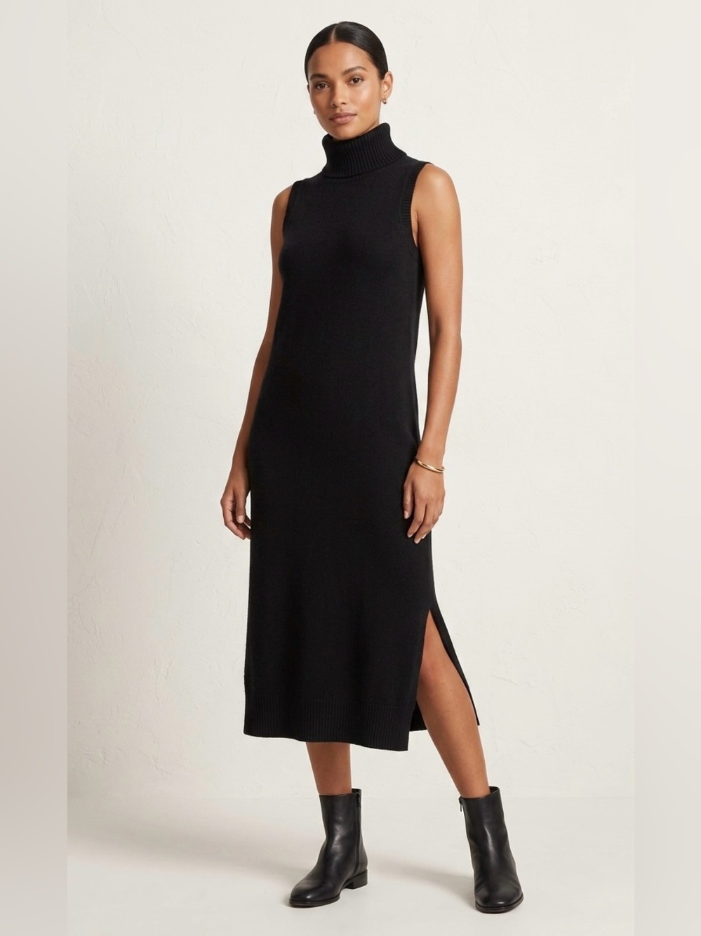 Pure Navy 100% Cashmere Sleeveless Turtleneck Midi Dress – Size Small
